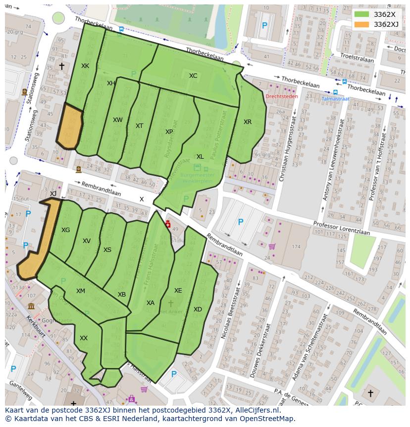 Afbeelding van het postcodegebied 3362 XJ op de kaart.