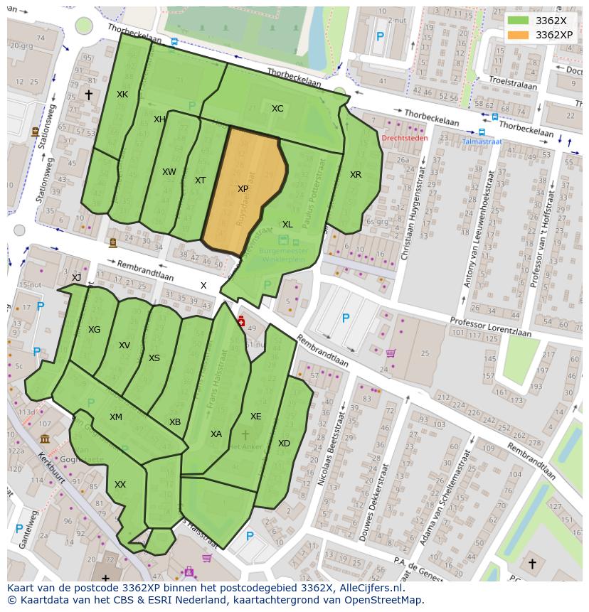 Afbeelding van het postcodegebied 3362 XP op de kaart.