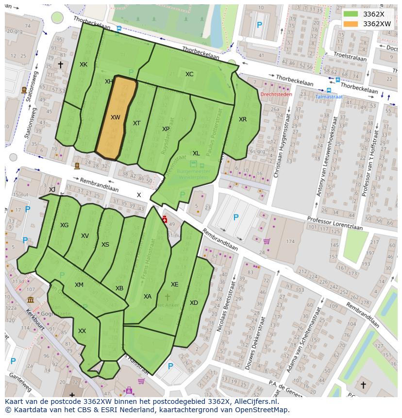 Afbeelding van het postcodegebied 3362 XW op de kaart.