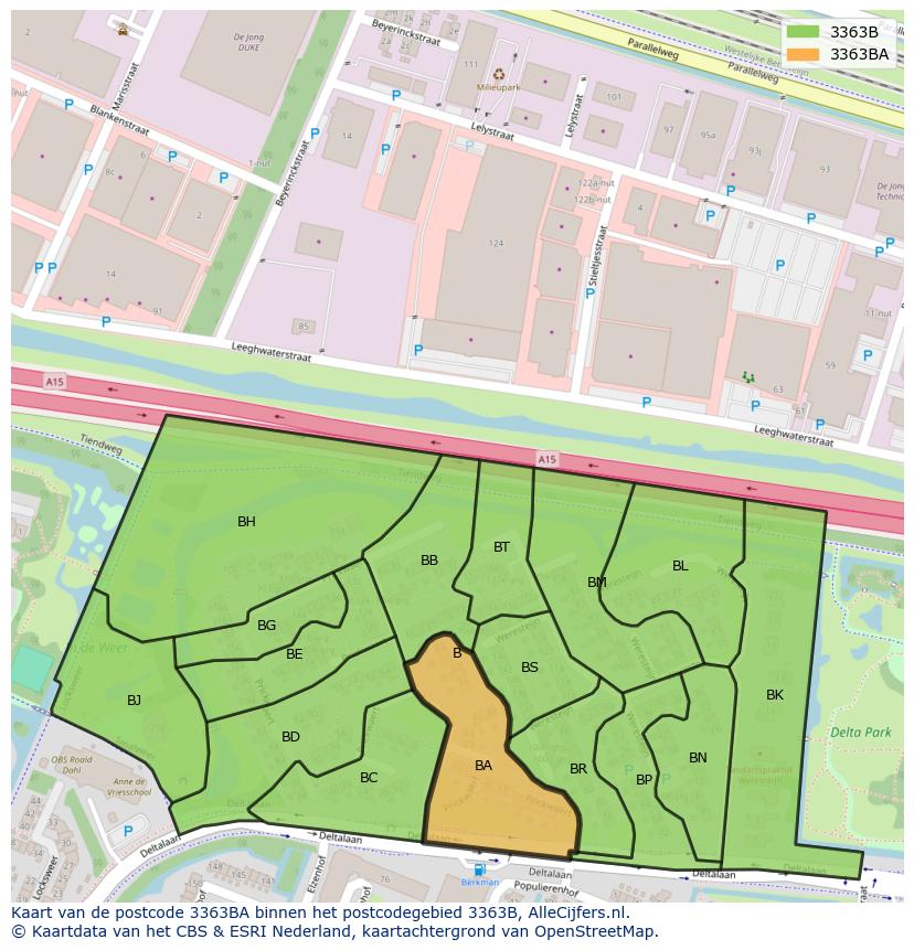 Afbeelding van het postcodegebied 3363 BA op de kaart.