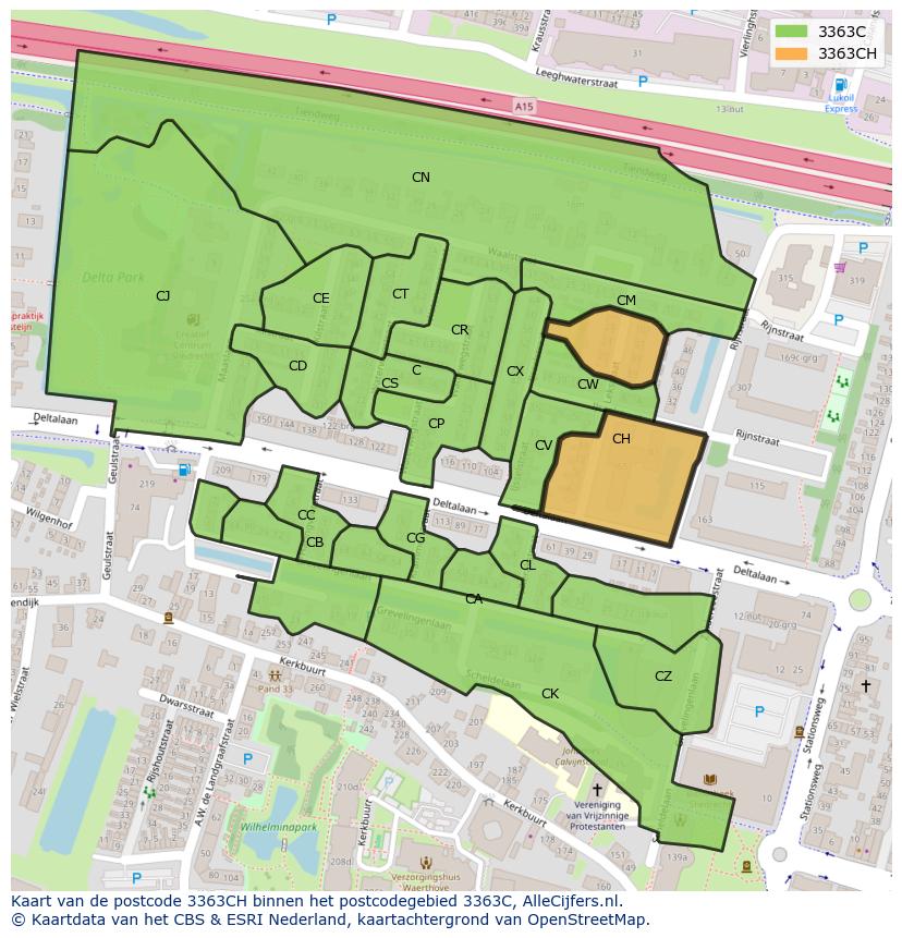 Afbeelding van het postcodegebied 3363 CH op de kaart.