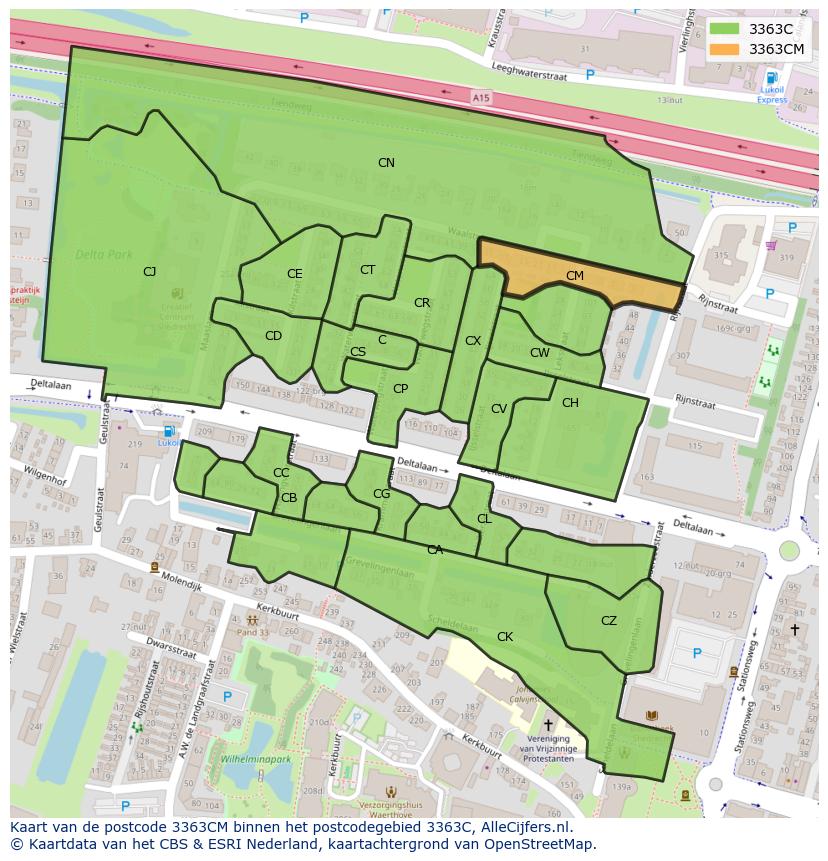 Afbeelding van het postcodegebied 3363 CM op de kaart.
