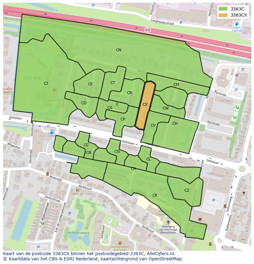 Afbeelding van het postcodegebied 3363 CX op de kaart.