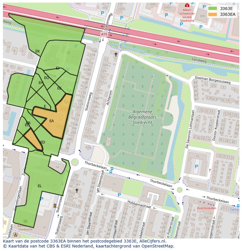 Afbeelding van het postcodegebied 3363 EA op de kaart.