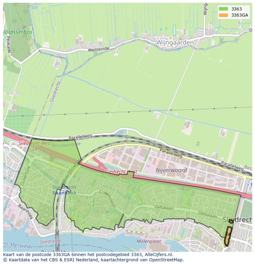 Afbeelding van het postcodegebied 3363 GA op de kaart.