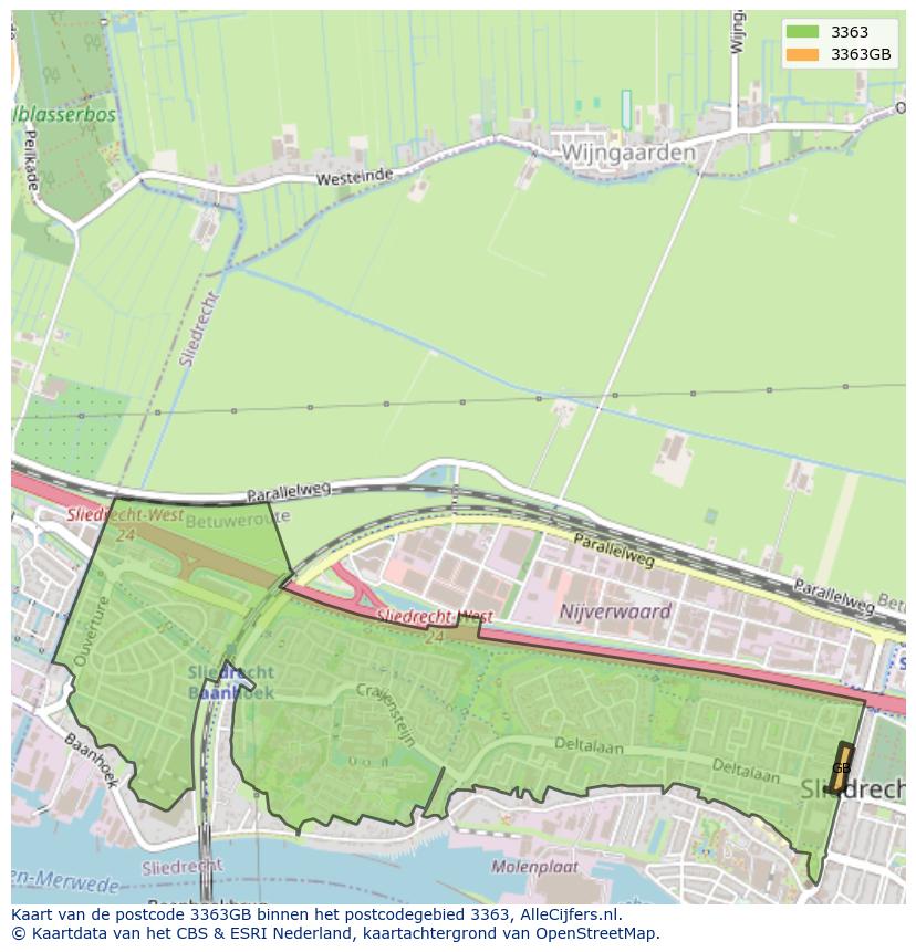 Afbeelding van het postcodegebied 3363 GB op de kaart.
