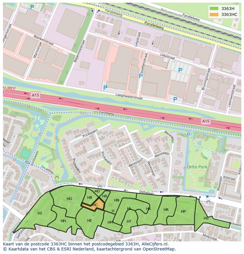 Afbeelding van het postcodegebied 3363 HC op de kaart.