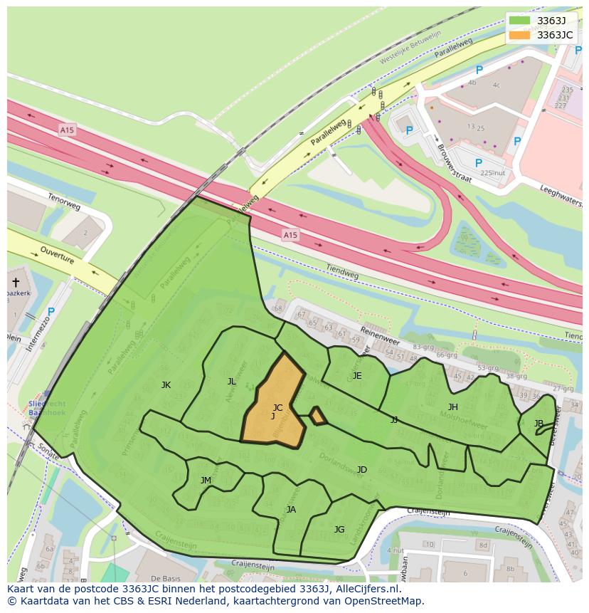 Afbeelding van het postcodegebied 3363 JC op de kaart.