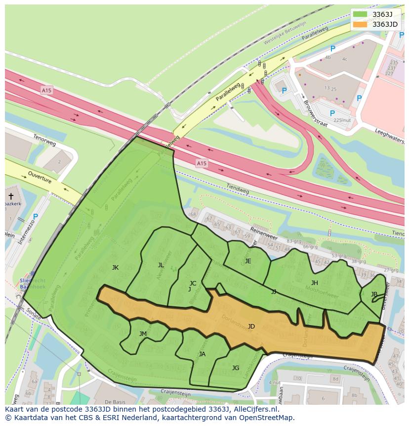 Afbeelding van het postcodegebied 3363 JD op de kaart.