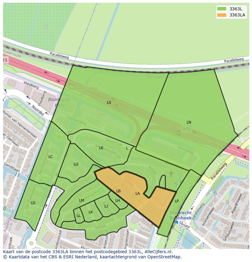 Afbeelding van het postcodegebied 3363 LA op de kaart.