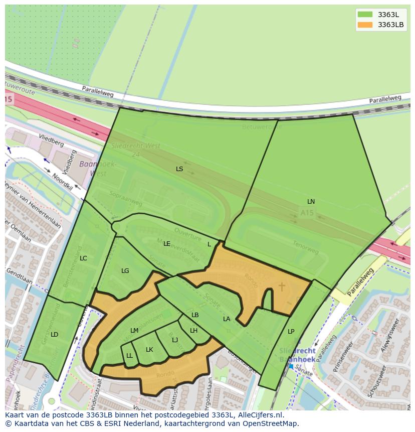Afbeelding van het postcodegebied 3363 LB op de kaart.