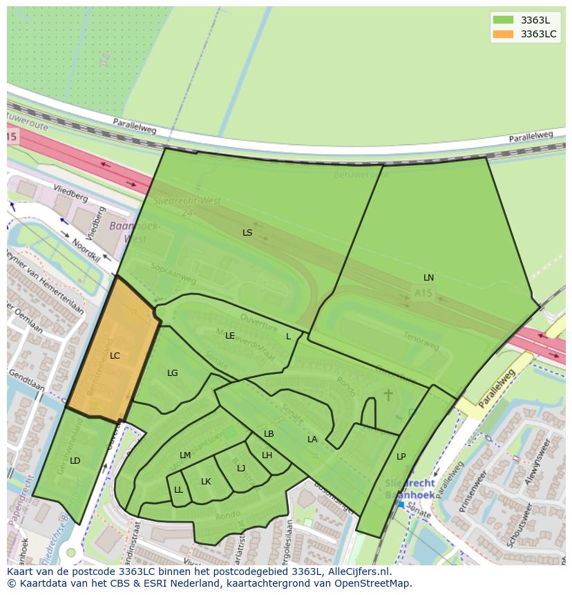 Afbeelding van het postcodegebied 3363 LC op de kaart.
