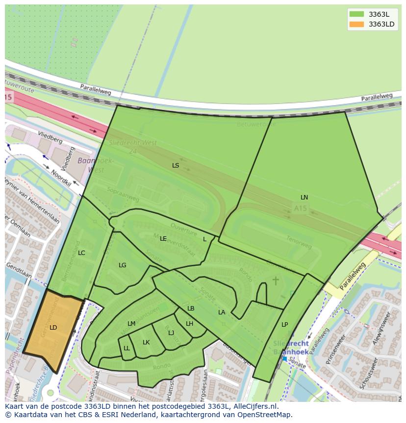 Afbeelding van het postcodegebied 3363 LD op de kaart.