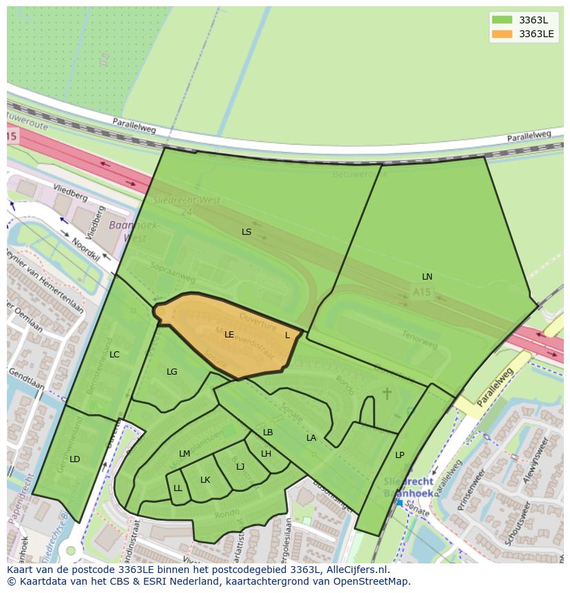 Afbeelding van het postcodegebied 3363 LE op de kaart.