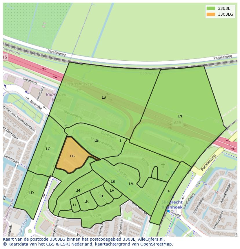 Afbeelding van het postcodegebied 3363 LG op de kaart.