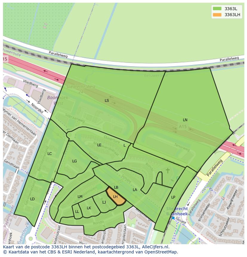 Afbeelding van het postcodegebied 3363 LH op de kaart.