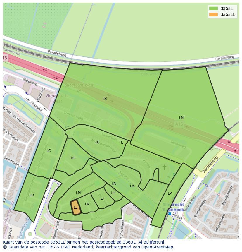 Afbeelding van het postcodegebied 3363 LL op de kaart.