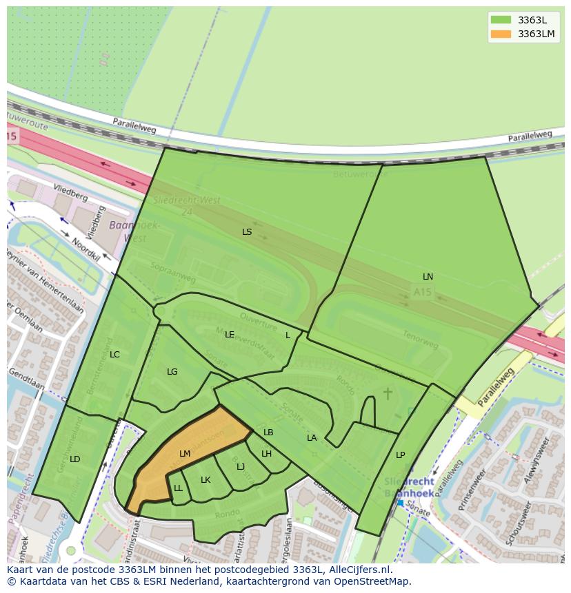 Afbeelding van het postcodegebied 3363 LM op de kaart.