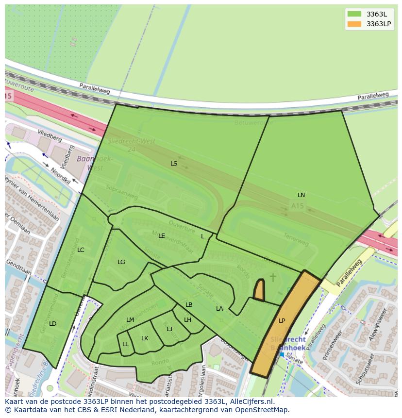 Afbeelding van het postcodegebied 3363 LP op de kaart.