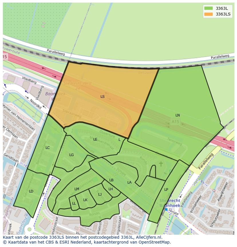 Afbeelding van het postcodegebied 3363 LS op de kaart.