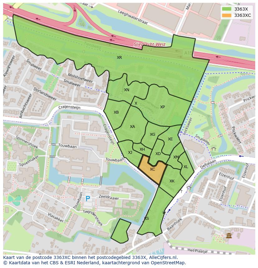 Afbeelding van het postcodegebied 3363 XC op de kaart.