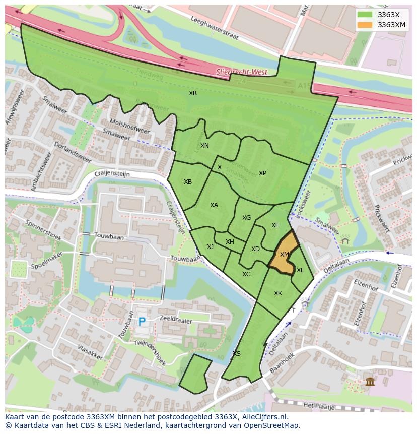 Afbeelding van het postcodegebied 3363 XM op de kaart.