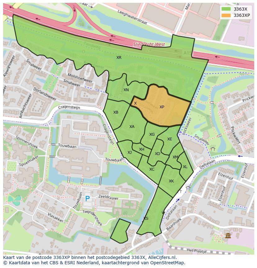 Afbeelding van het postcodegebied 3363 XP op de kaart.