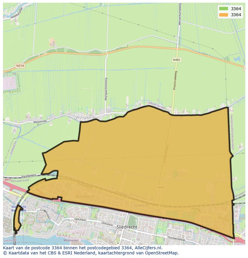 Afbeelding van het postcodegebied 3364 op de kaart.