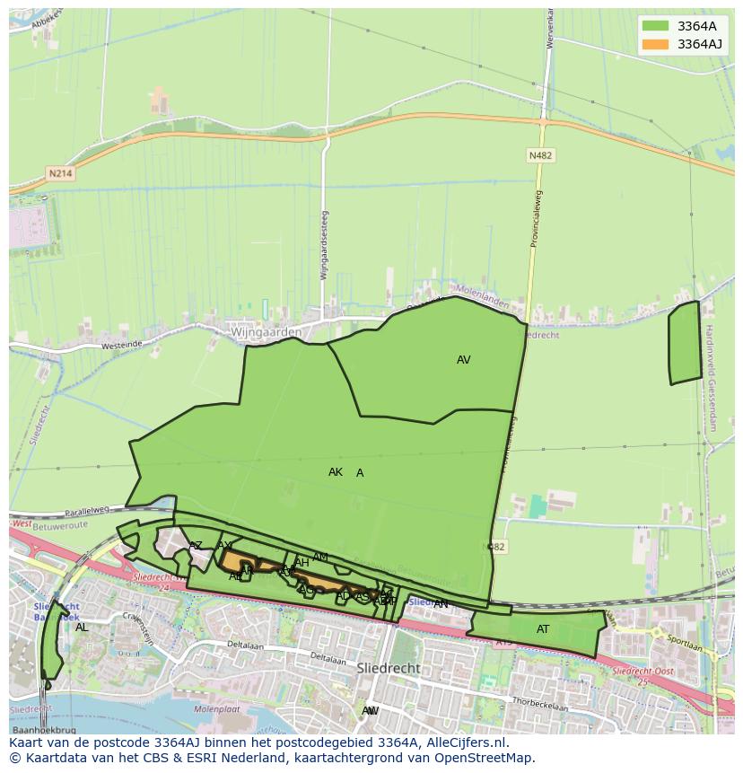 Afbeelding van het postcodegebied 3364 AJ op de kaart.