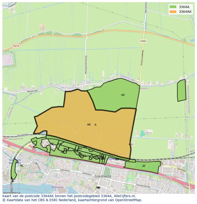 Afbeelding van het postcodegebied 3364 AK op de kaart.