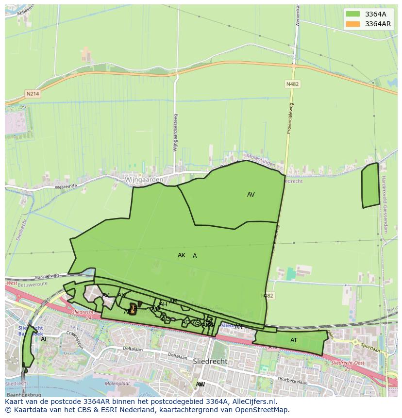 Afbeelding van het postcodegebied 3364 AR op de kaart.