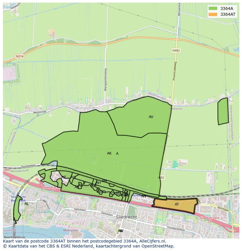 Afbeelding van het postcodegebied 3364 AT op de kaart.
