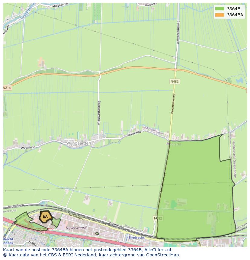 Afbeelding van het postcodegebied 3364 BA op de kaart.