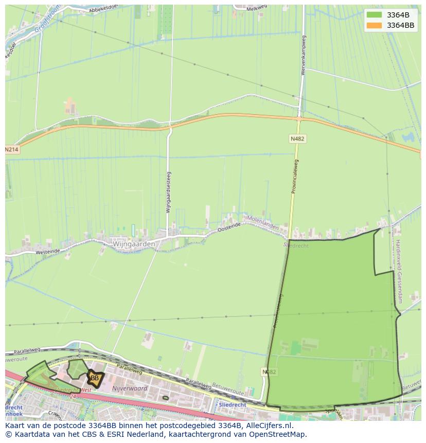 Afbeelding van het postcodegebied 3364 BB op de kaart.