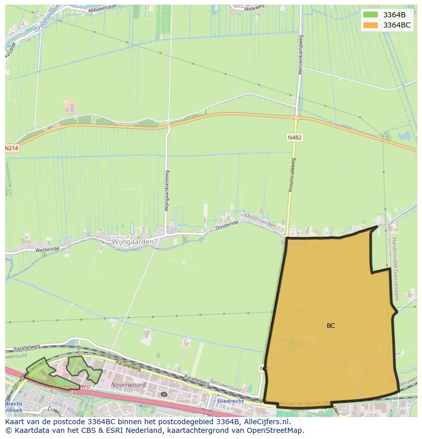Afbeelding van het postcodegebied 3364 BC op de kaart.