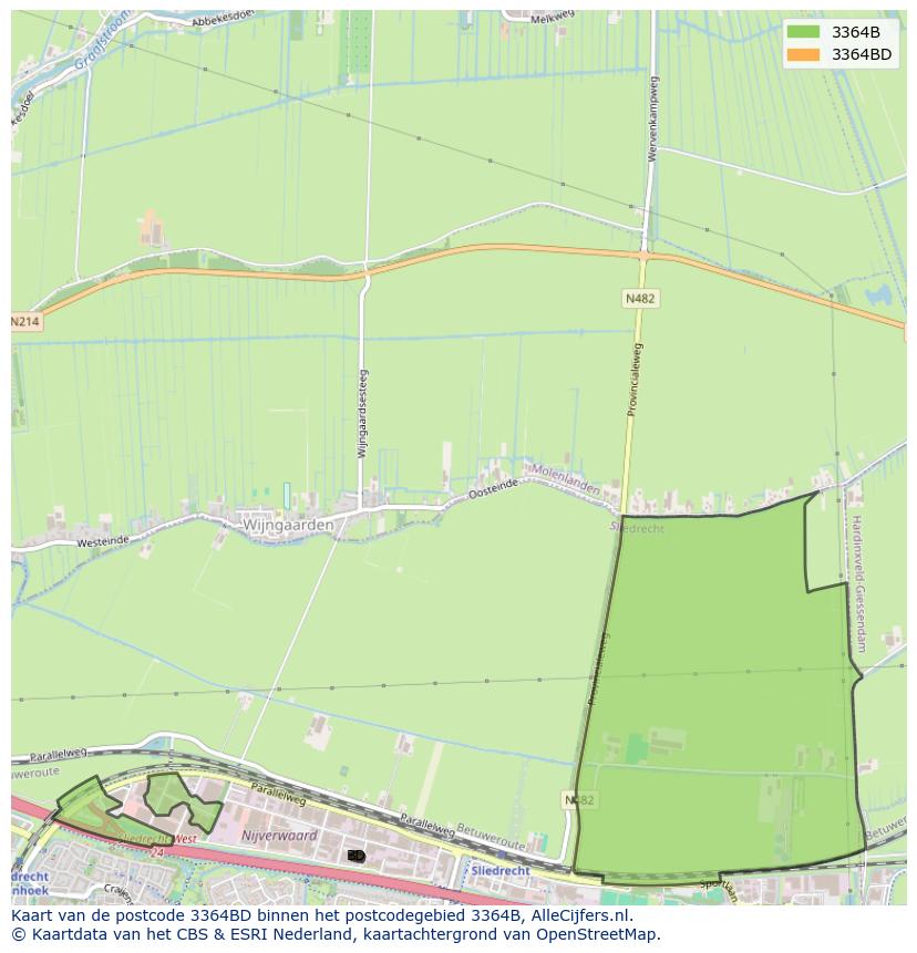 Afbeelding van het postcodegebied 3364 BD op de kaart.