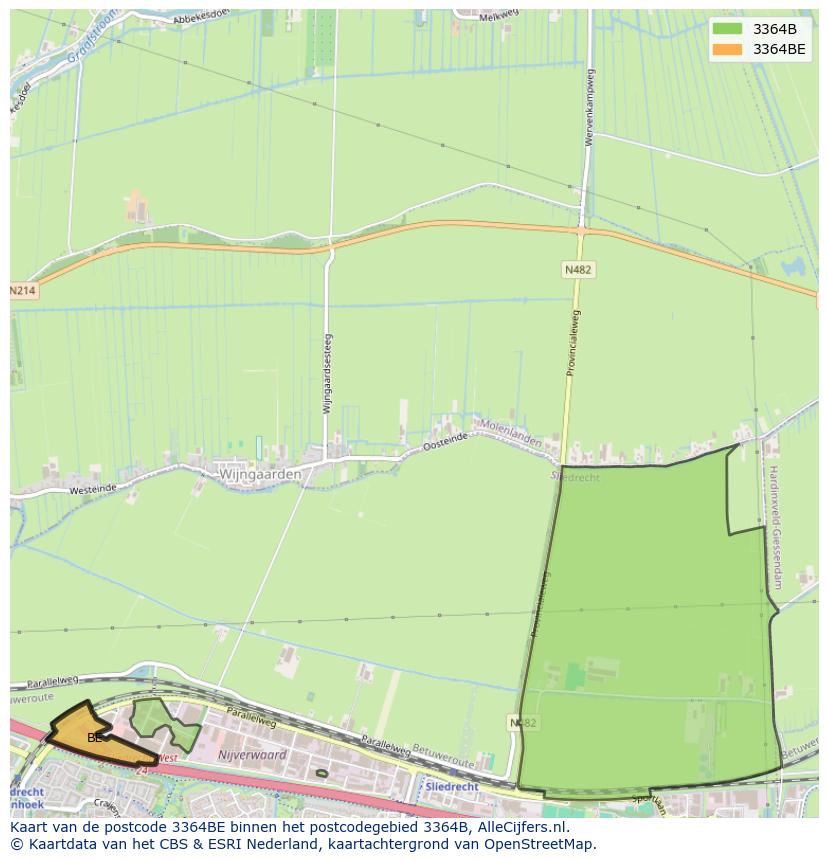 Afbeelding van het postcodegebied 3364 BE op de kaart.