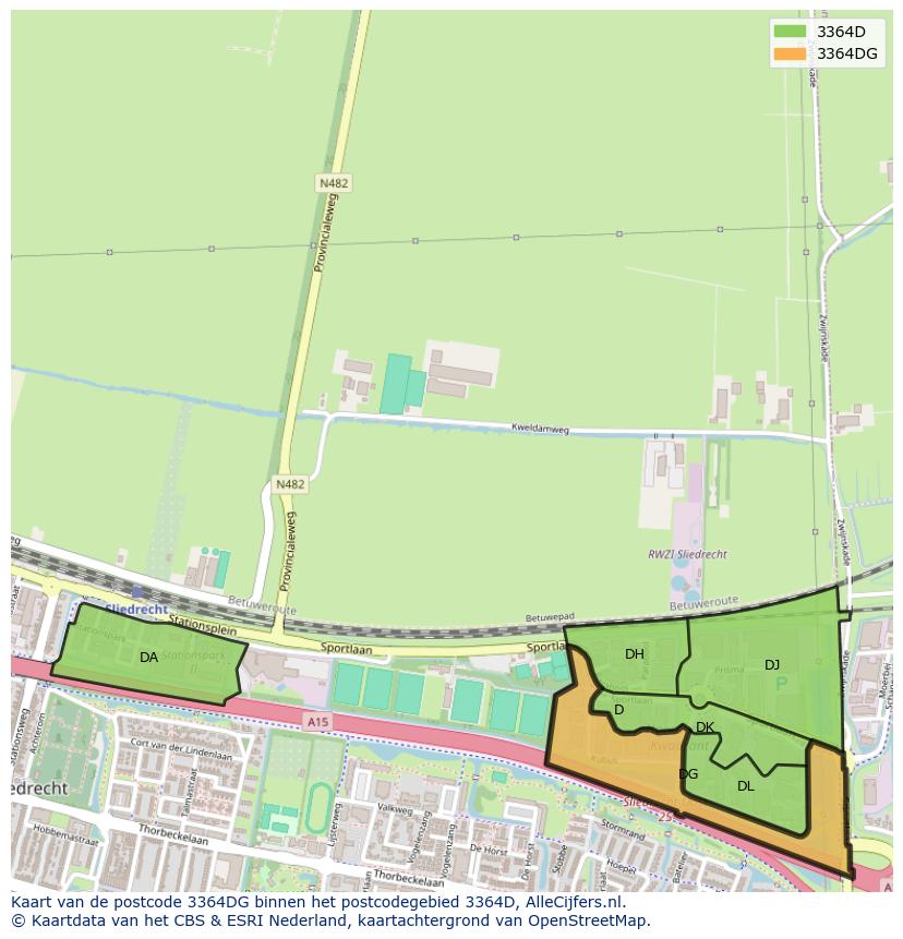 Afbeelding van het postcodegebied 3364 DG op de kaart.