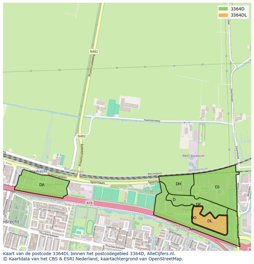 Afbeelding van het postcodegebied 3364 DL op de kaart.