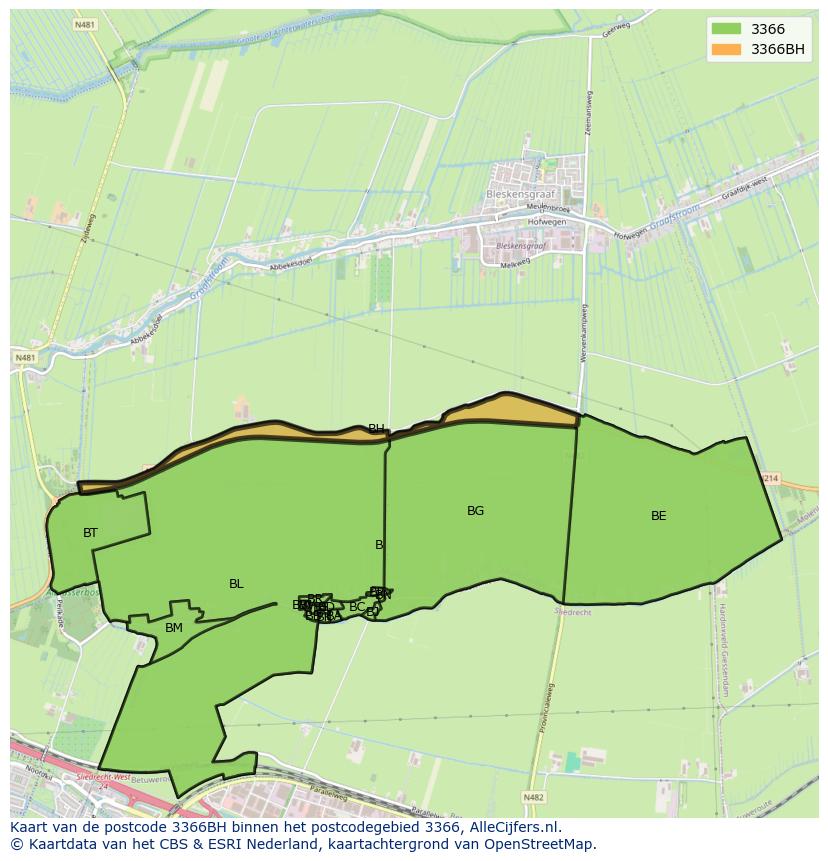 Afbeelding van het postcodegebied 3366 BH op de kaart.