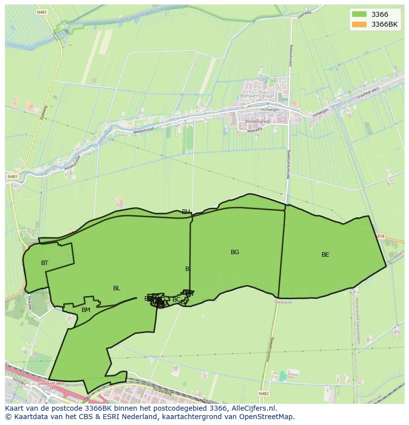 Afbeelding van het postcodegebied 3366 BK op de kaart.