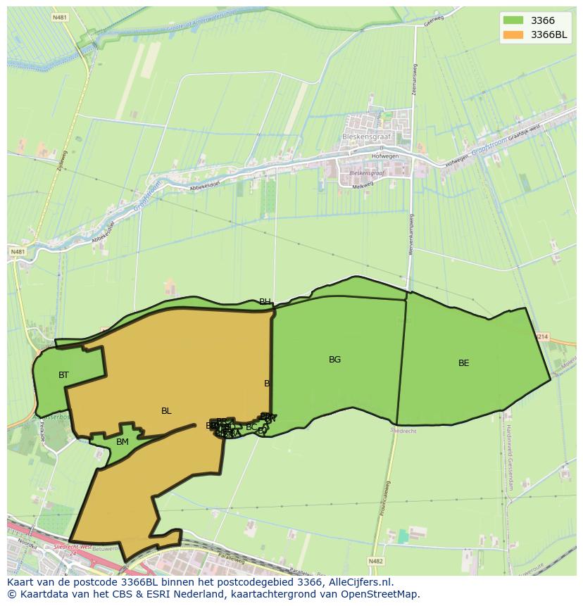 Afbeelding van het postcodegebied 3366 BL op de kaart.