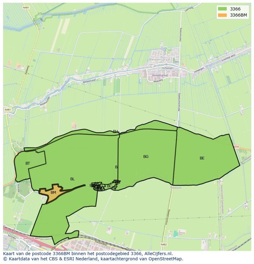 Afbeelding van het postcodegebied 3366 BM op de kaart.
