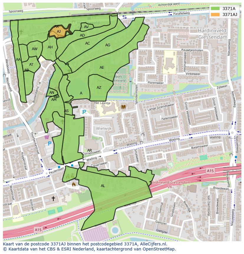 Afbeelding van het postcodegebied 3371 AJ op de kaart.