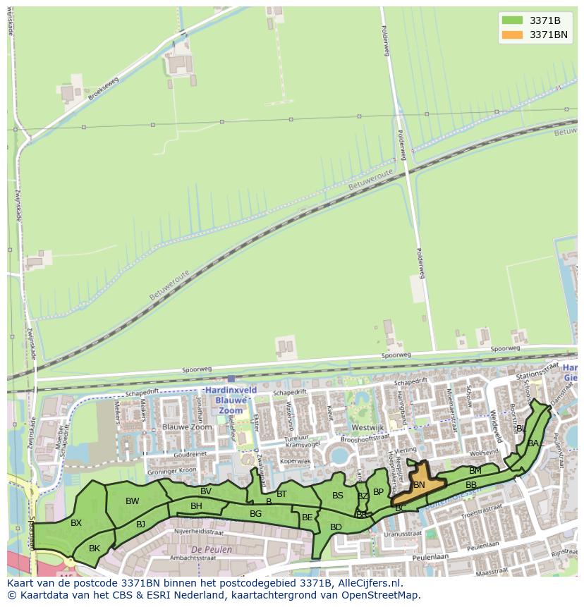 Afbeelding van het postcodegebied 3371 BN op de kaart.