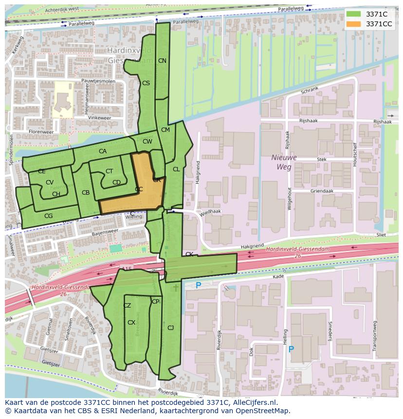 Afbeelding van het postcodegebied 3371 CC op de kaart.