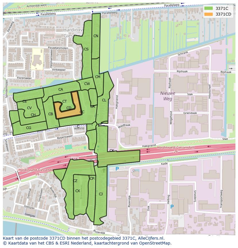 Afbeelding van het postcodegebied 3371 CD op de kaart.