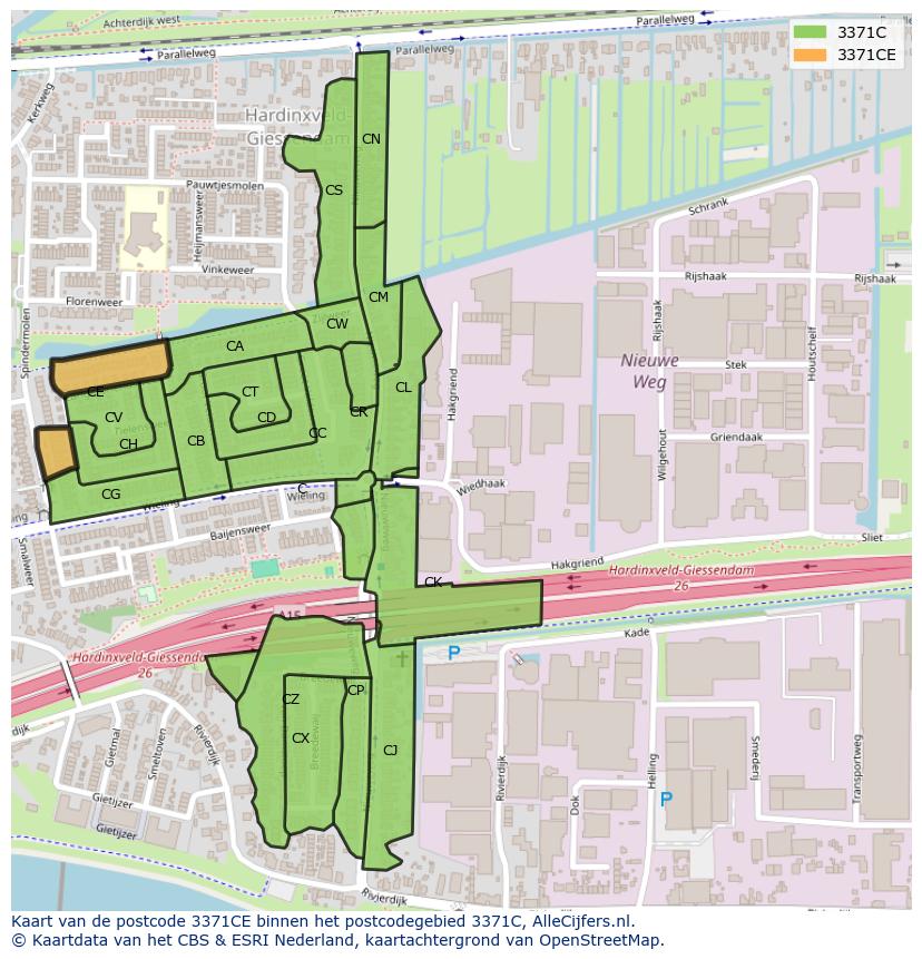 Afbeelding van het postcodegebied 3371 CE op de kaart.