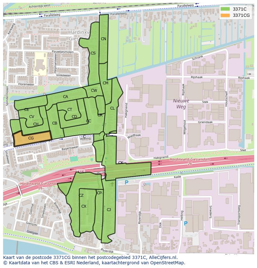 Afbeelding van het postcodegebied 3371 CG op de kaart.