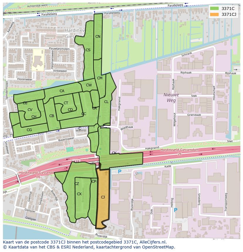 Afbeelding van het postcodegebied 3371 CJ op de kaart.